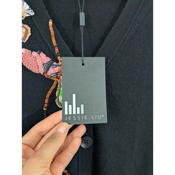 New Jessie Liu 100% Merino Wool Black Cardigan With Applique Chic Sz Small $295 - Picture 6 of 12
